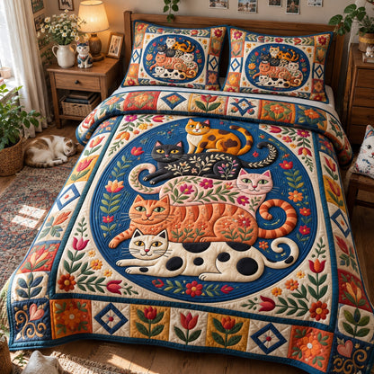 Folk Art Cats 3-Piece Quilted Bedding Set GFTONMU3990