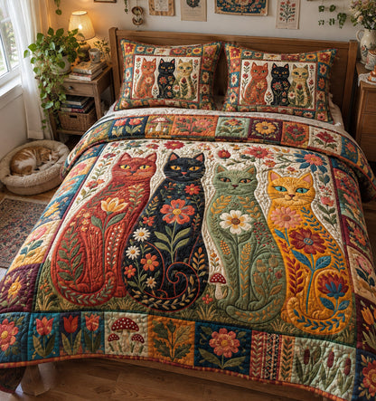 Folk Art Cats 3-Piece Quilted Bedding Set GFTONMU3991