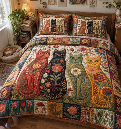 Folk Art Cats 3-Piece Quilted Bedding Set GFTONMU3991
