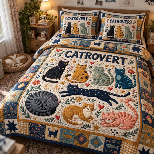 Folk Art Cats 3-Piece Quilted Bedding Set GFTONMU3992
