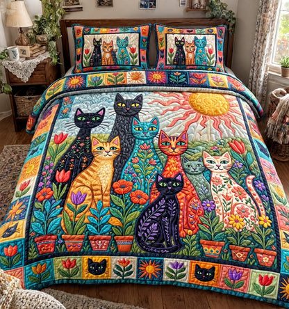 Folk Art Cats 3-Piece Quilted Bedding Set GFTONMU3993