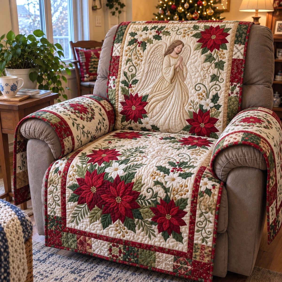 Poinsettia Angel Quilted Sofa Cover GFTONMU4067