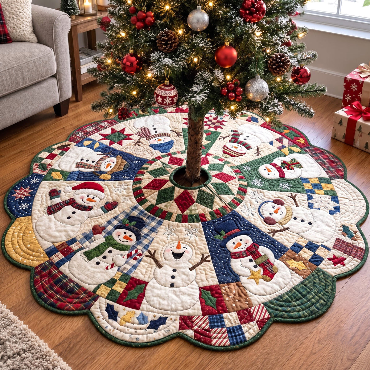 Christmas Snowman Custom Shape Christmas Quilted Tree Skirt GFTONMU4195