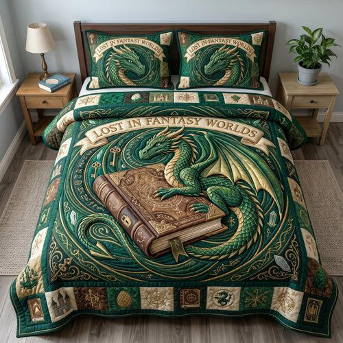 Bookworm Dragon 3-Quilted Bedding Set GFTONMU629