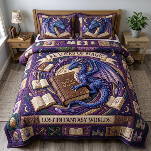 Bookworm Dragon 3-Piece Quilted Bedding Set GFTONMU630