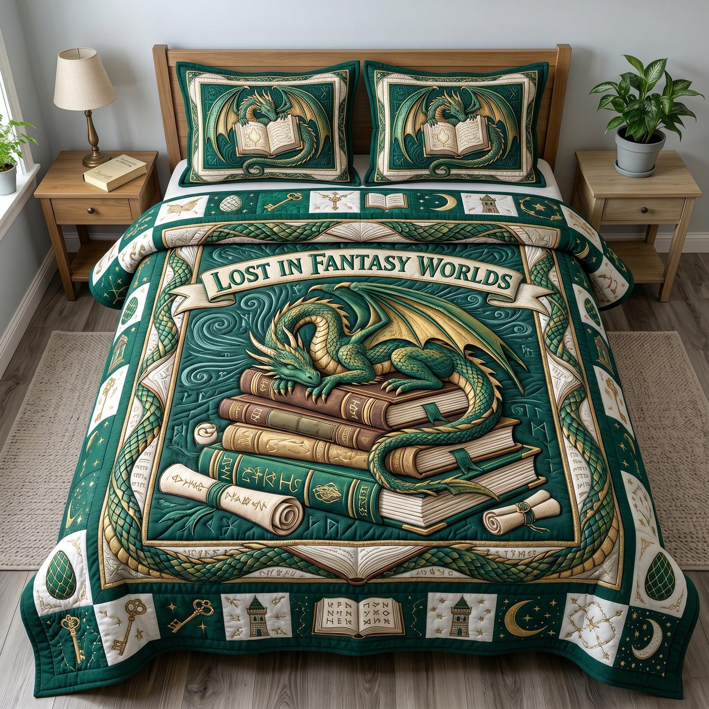 Bookworm Dragon 3-Quilted Bedding Set GFTONMU631