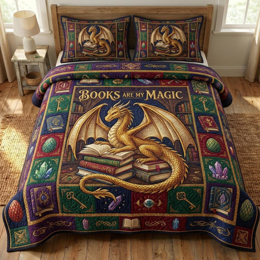 Bookworm Dragon 3-Piece Quilted Bedding Set GFTONMU633
