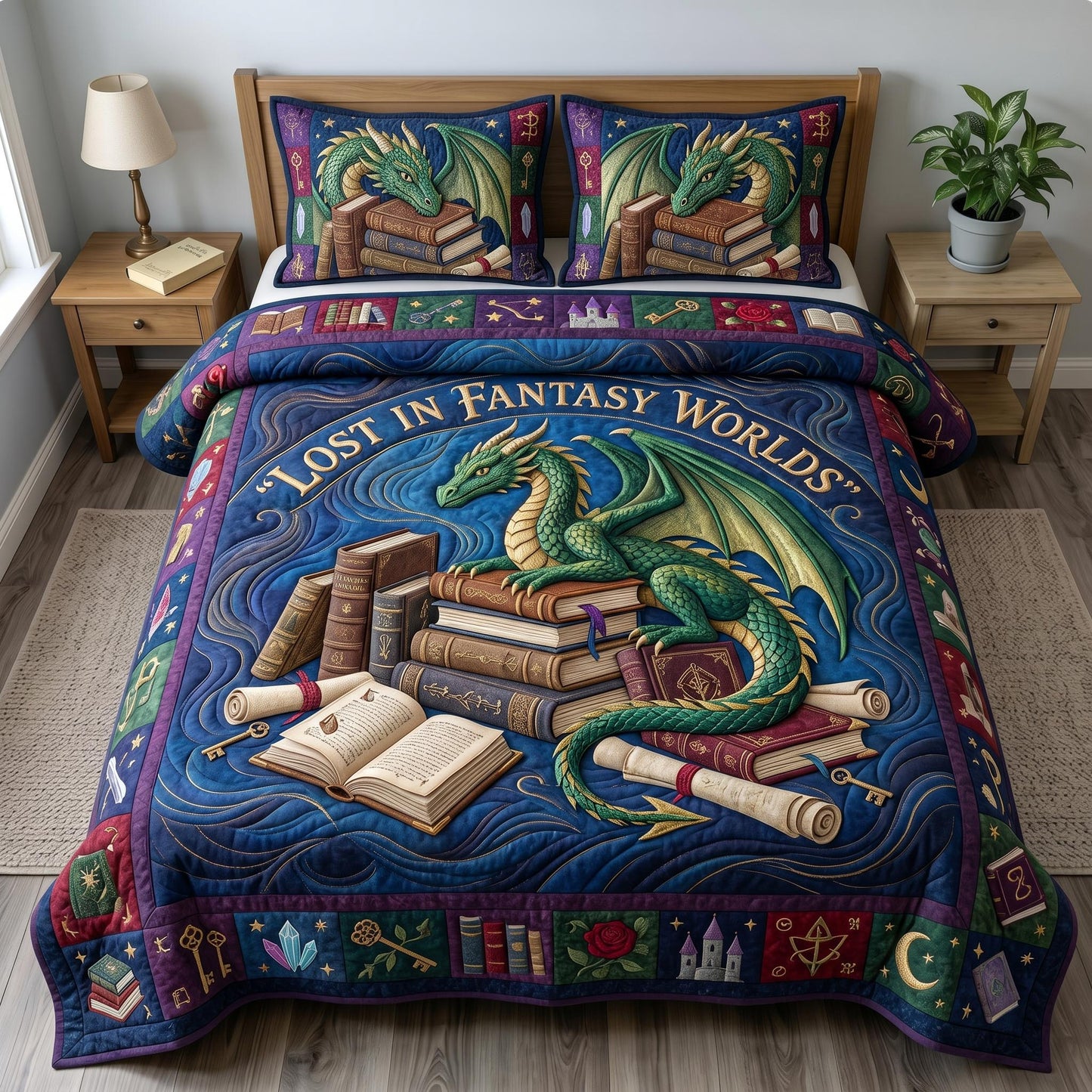 Bookworm Dragon 3-Quilted Bedding Set GFTONMU634