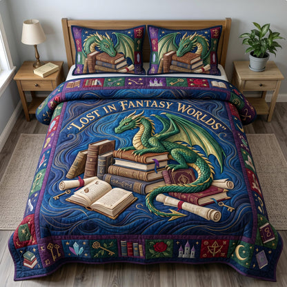 Bookworm Dragon 3-Quilted Bedding Set GFTONMU634