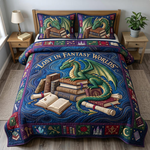 Bookworm Dragon 3-Quilted Bedding Set GFTONMU634