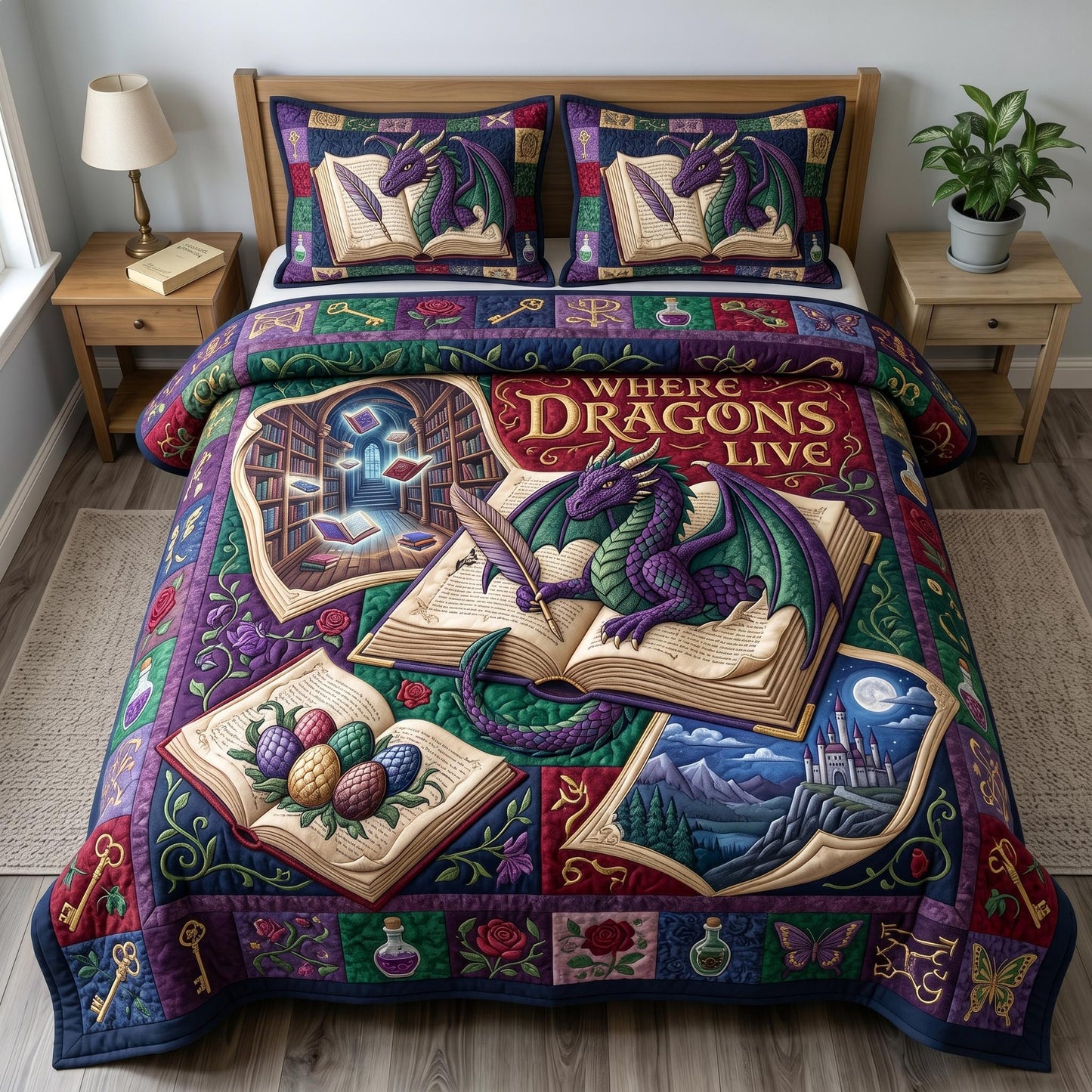 Bookworm Dragon 3-Quilted Bedding Set GFTONMU635