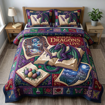 Bookworm Dragon 3-Quilted Bedding Set GFTONMU635