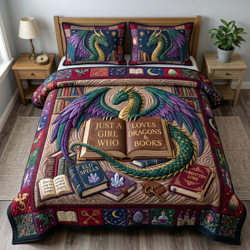 Bookworm Dragon 3-Quilted Bedding Set GFTONMU636