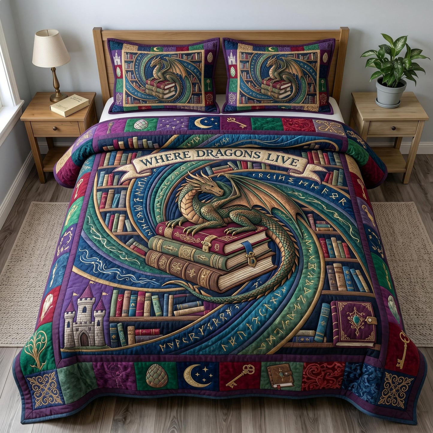 Bookworm Dragon 3-Quilted Bedding Set GFTONMU637