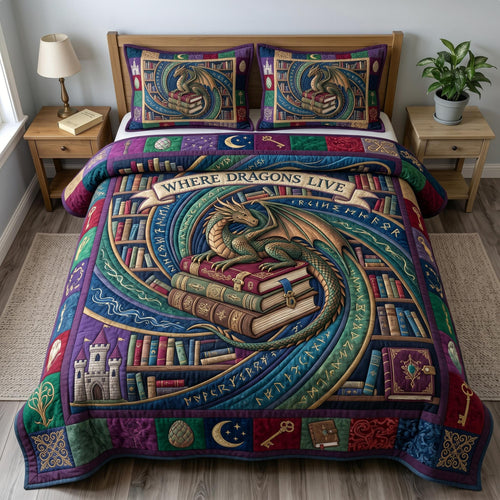 Bookworm Dragon 3-Quilted Bedding Set GFTONMU637