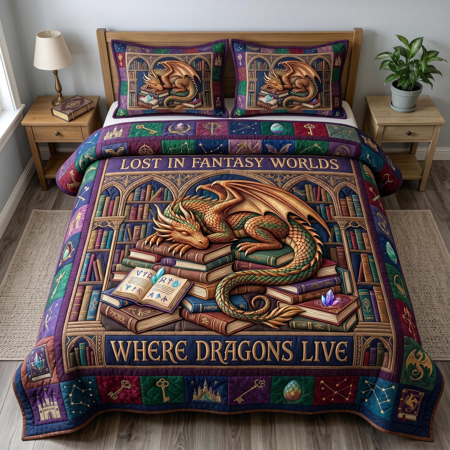 Bookworm Dragon 3-Quilted Bedding Set GFTONMU638