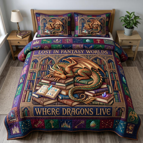 Bookworm Dragon 3-Quilted Bedding Set GFTONMU638