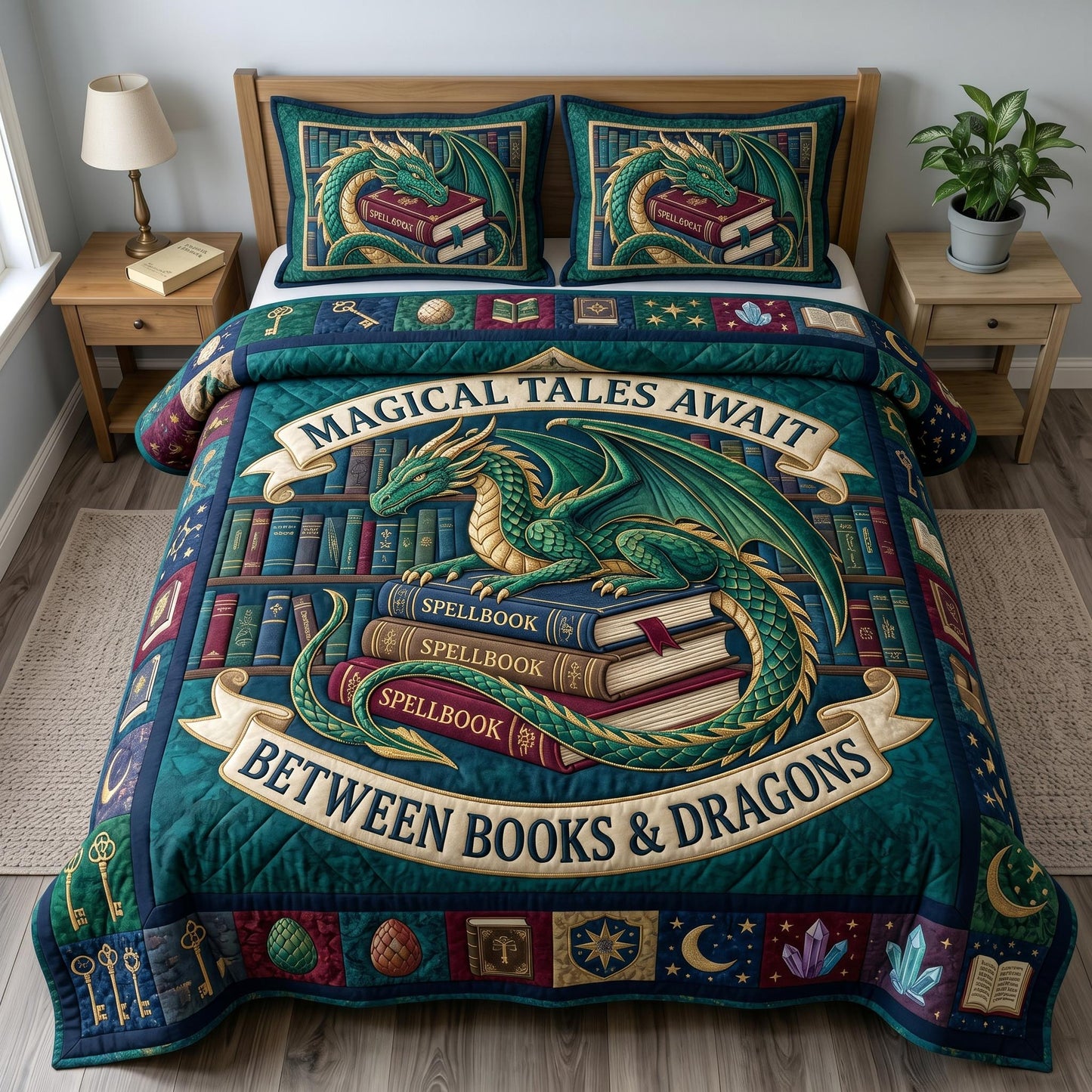 Bookworm Dragon 3-Quilted Bedding Set GFTONMU640