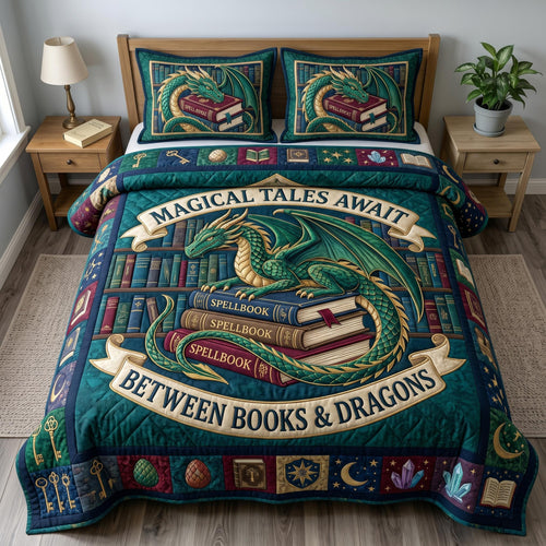 Bookworm Dragon 3-Quilted Bedding Set GFTONMU640