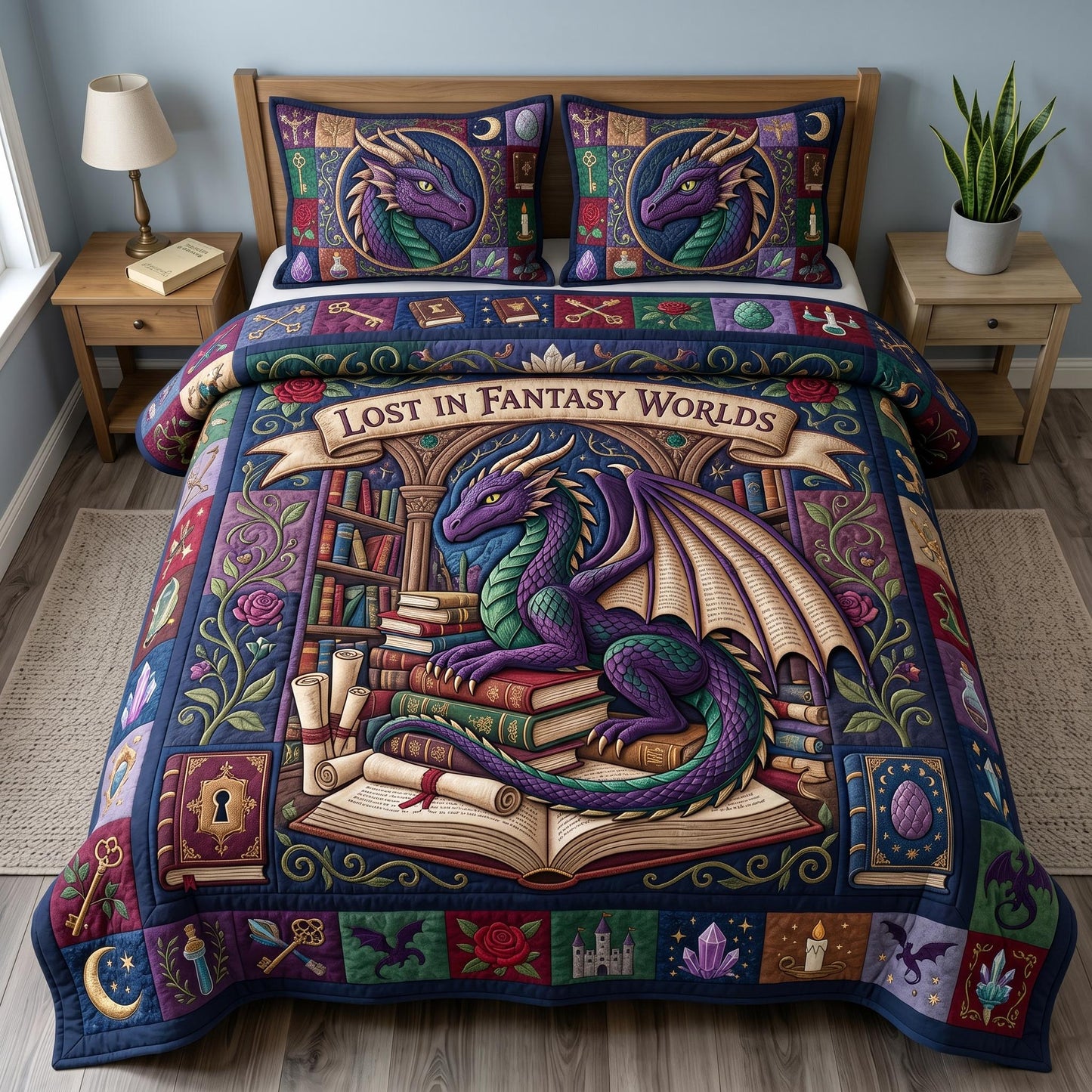 Bookworm Dragon 3-Quilted Bedding Set GFTONMU641