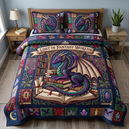 Bookworm Dragon 3-Quilted Bedding Set GFTONMU641