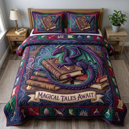 Bookworm Dragon 3-Quilted Bedding Set GFTONMU642