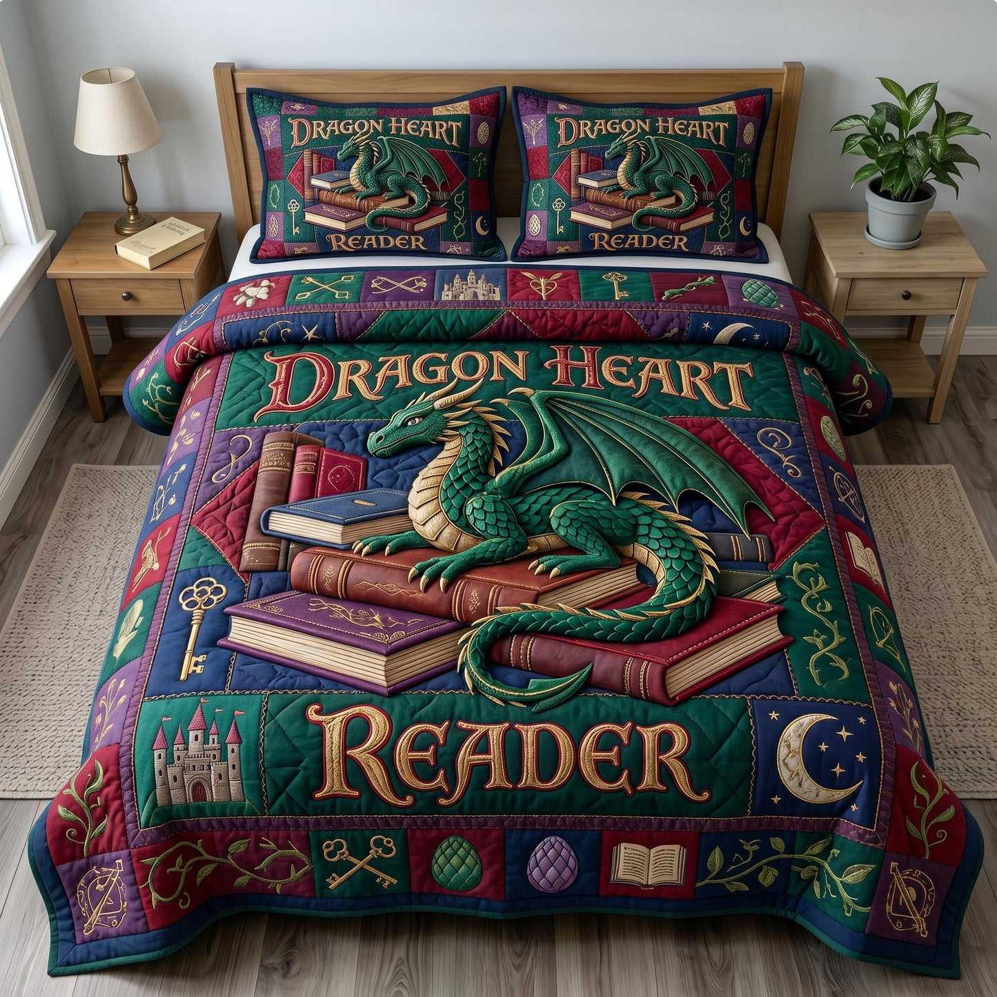 Bookworm Dragon 3-Quilted Bedding Set GFTONMU643