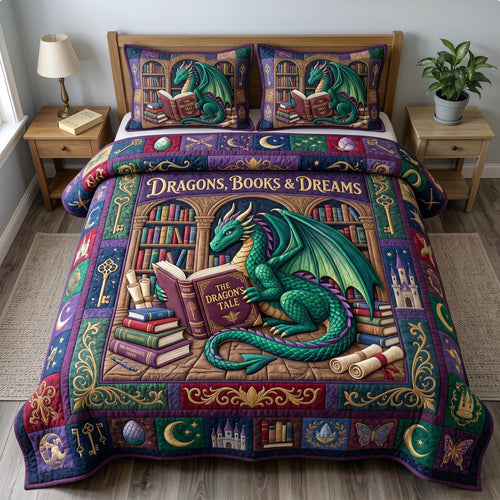 Bookworm Dragon 3-Quilted Bedding Set GFTONMU644