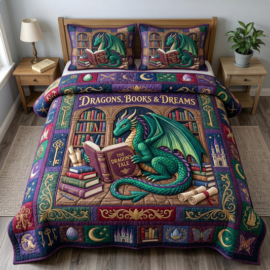 Bookworm Dragon 3-Piece Quilted Bedding Set GFTONMU644