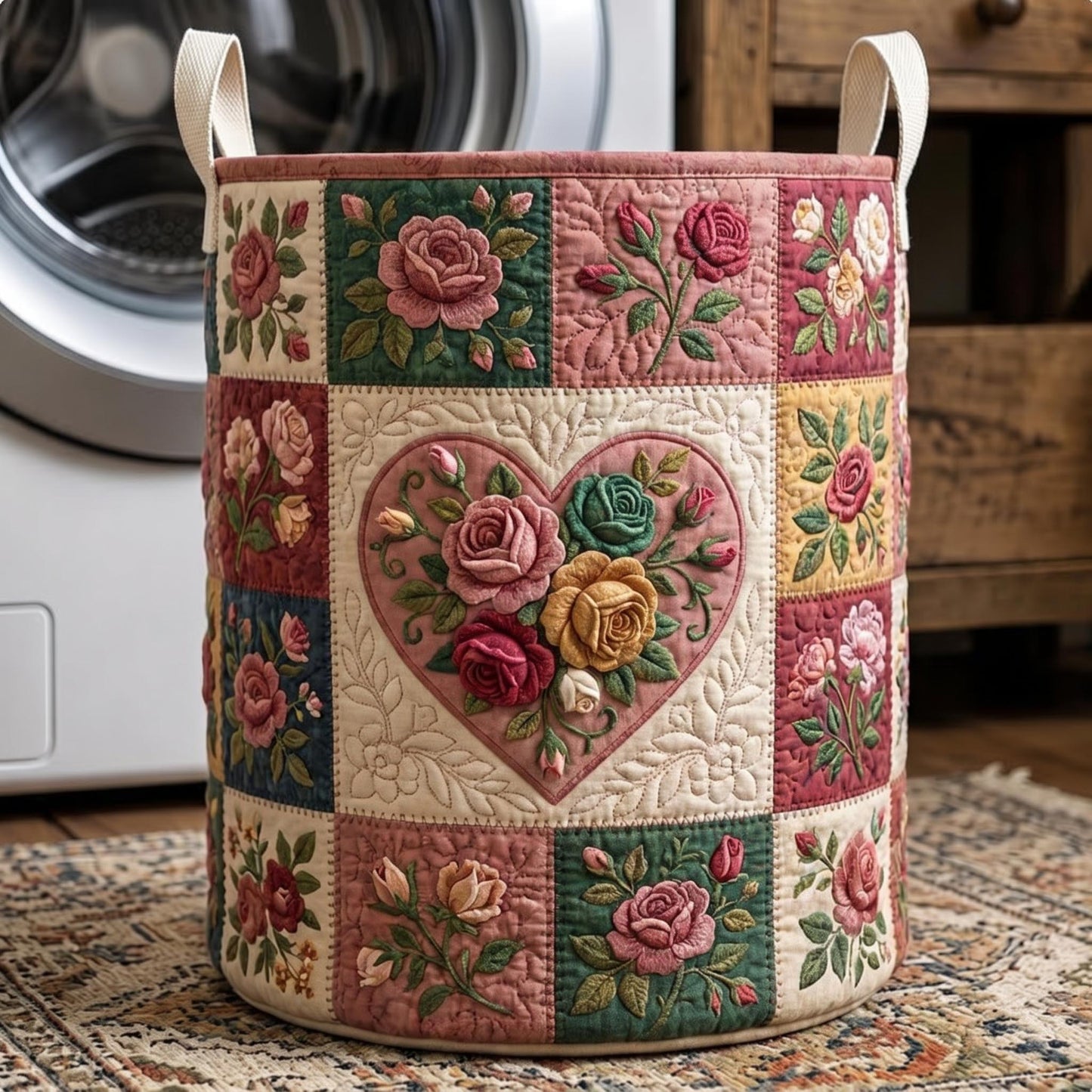 Flower Patchwork Quilted Laundry Basket GFTONMU700