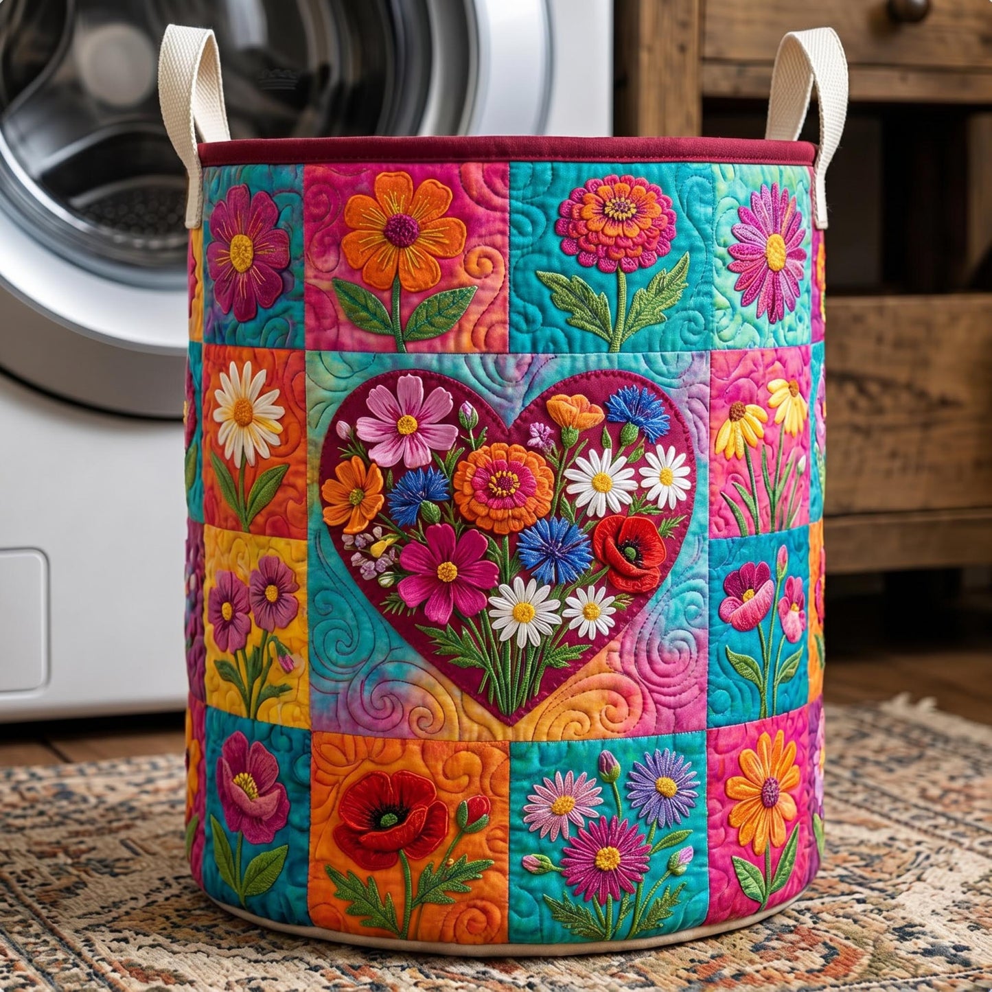 Flower Patchwork Quilted Laundry Basket GFTONMU703