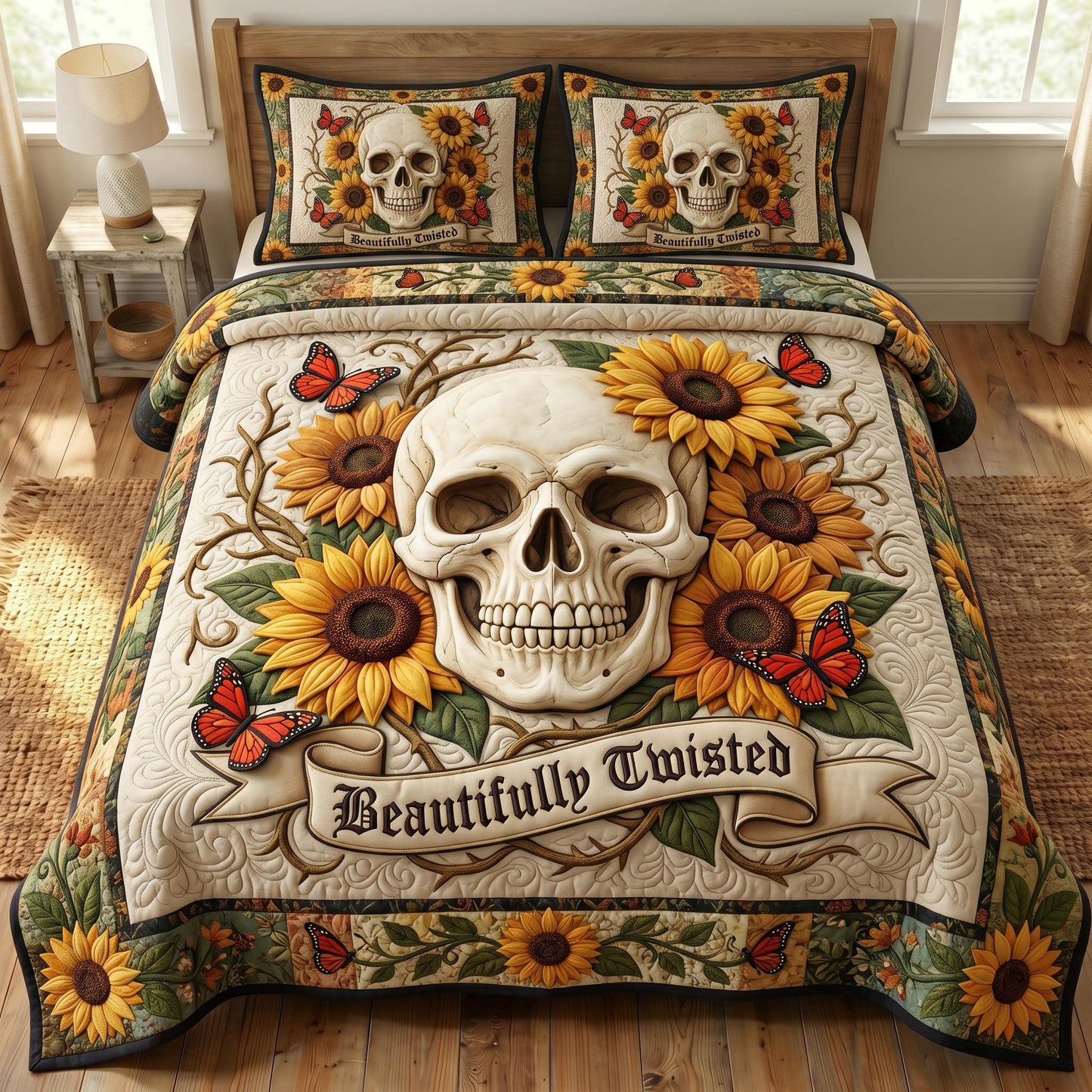 Floral Skull 3-Piece Quilted Bedding Set GFTONMU856