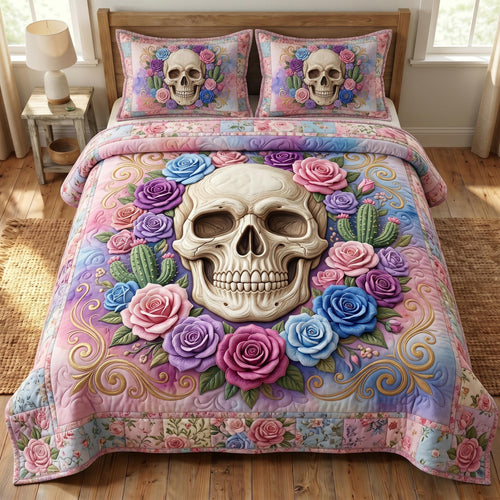 Floral Skull 3-Piece Quilted Bedding Set GFTONMU859