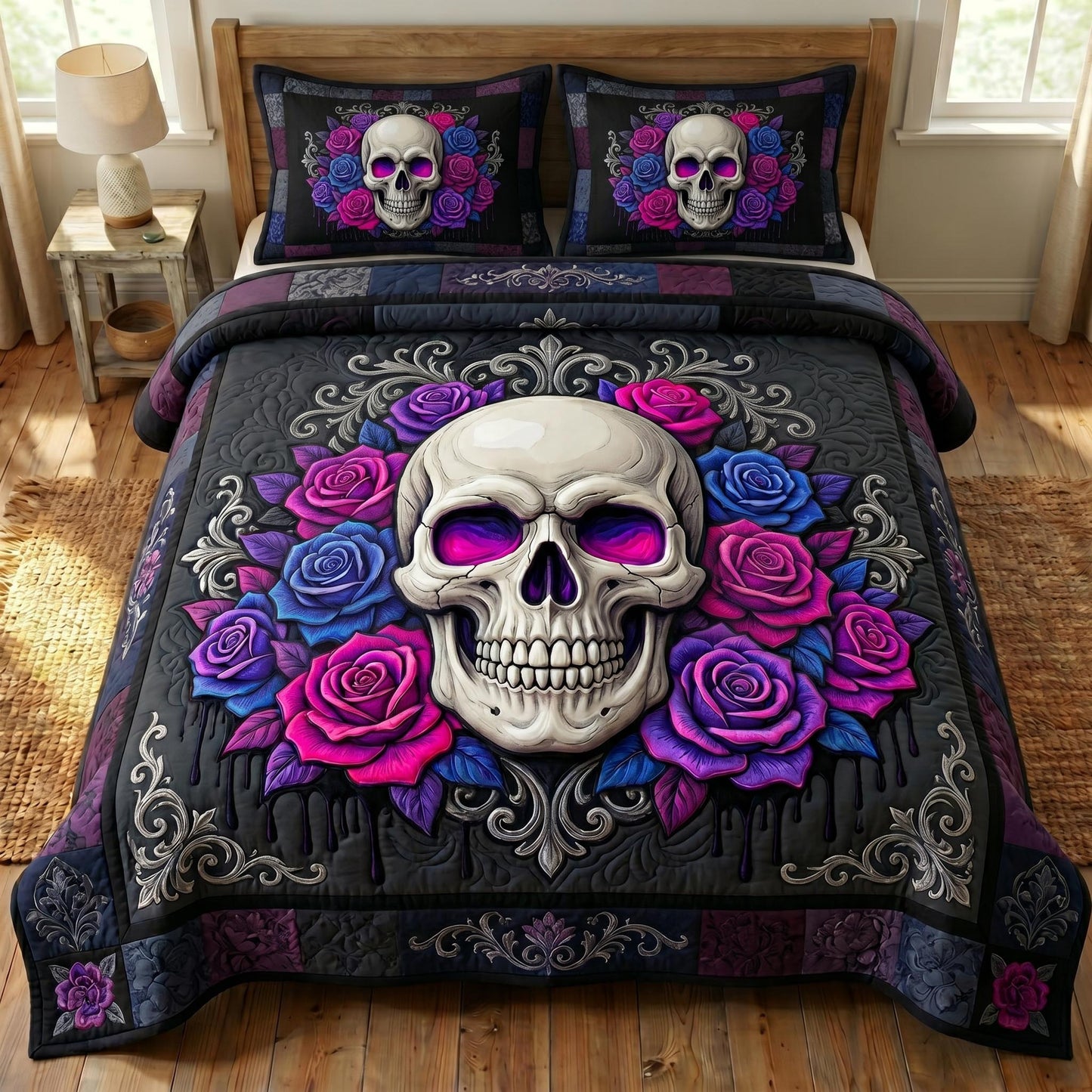 Floral Skull 3-Piece Quilted Bedding Set GFTONMU861