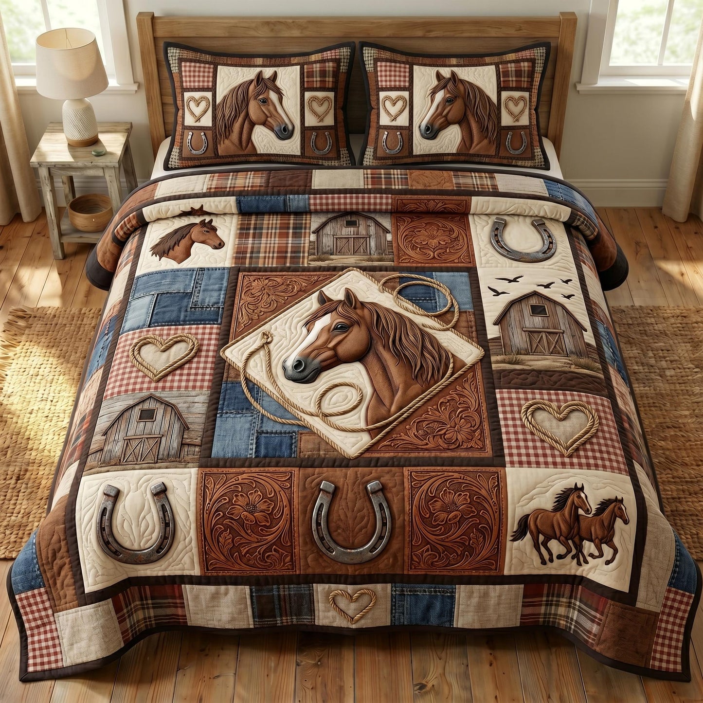Farmhouse Horse 3-Piece Quilted Bedding Set GFTONMU906
