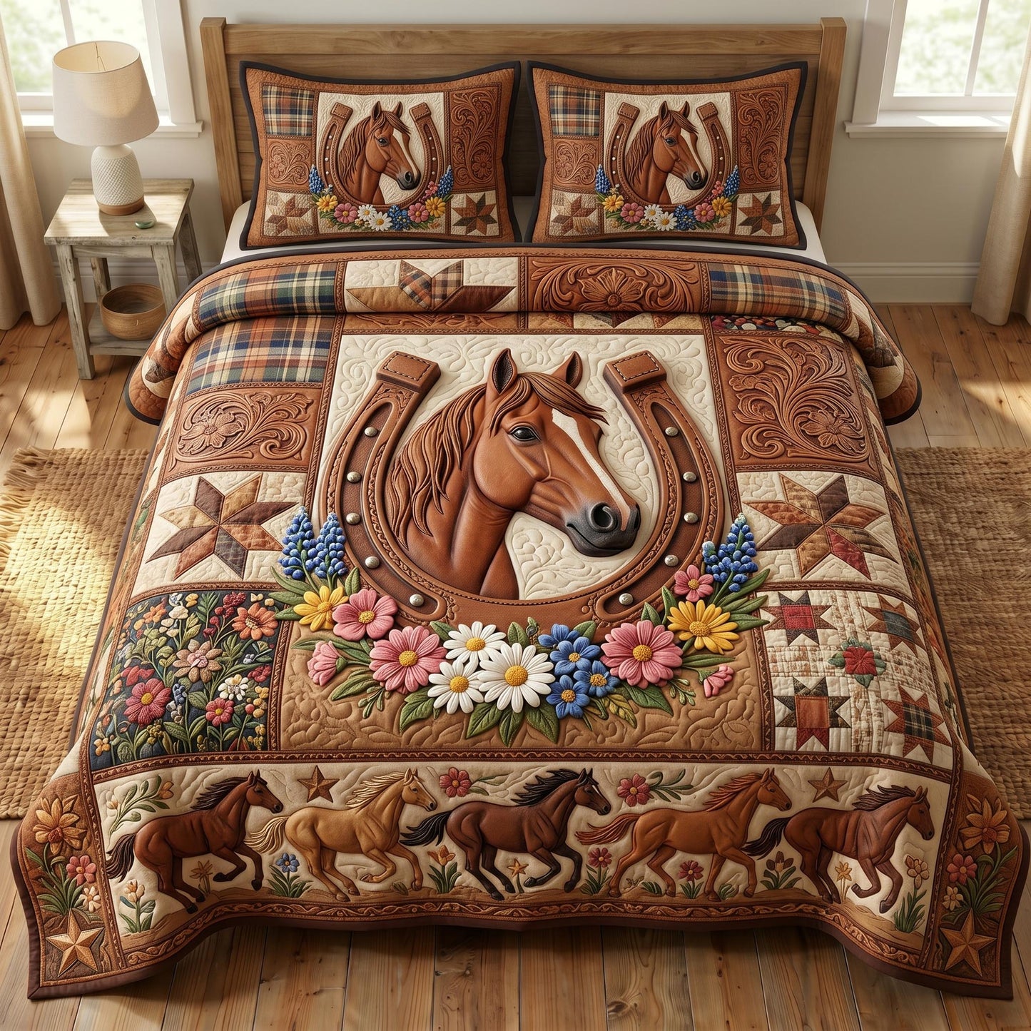 Farmhouse Horse 3-Piece Quilted Bedding Set GFTONMU909