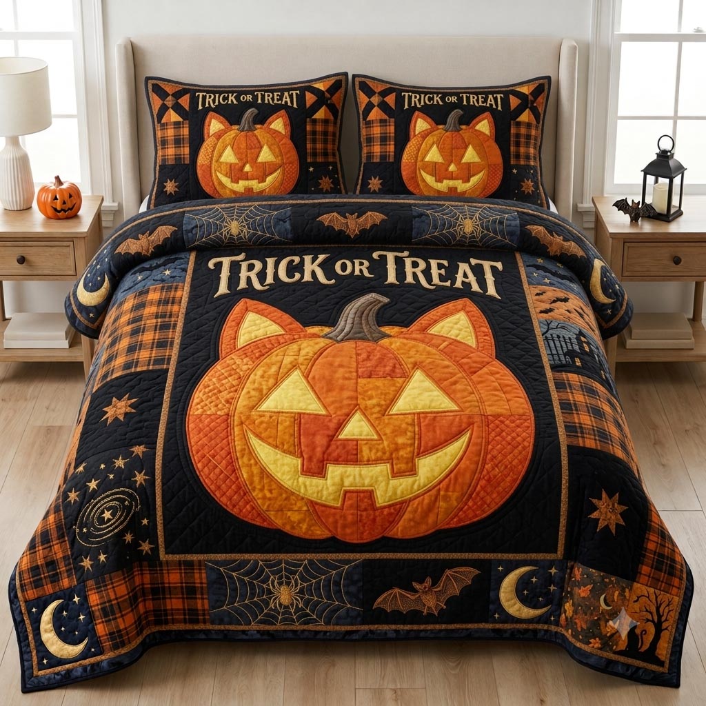 Pumpkin Night 3-Piece Quilted Bedding Set GFTONPT011