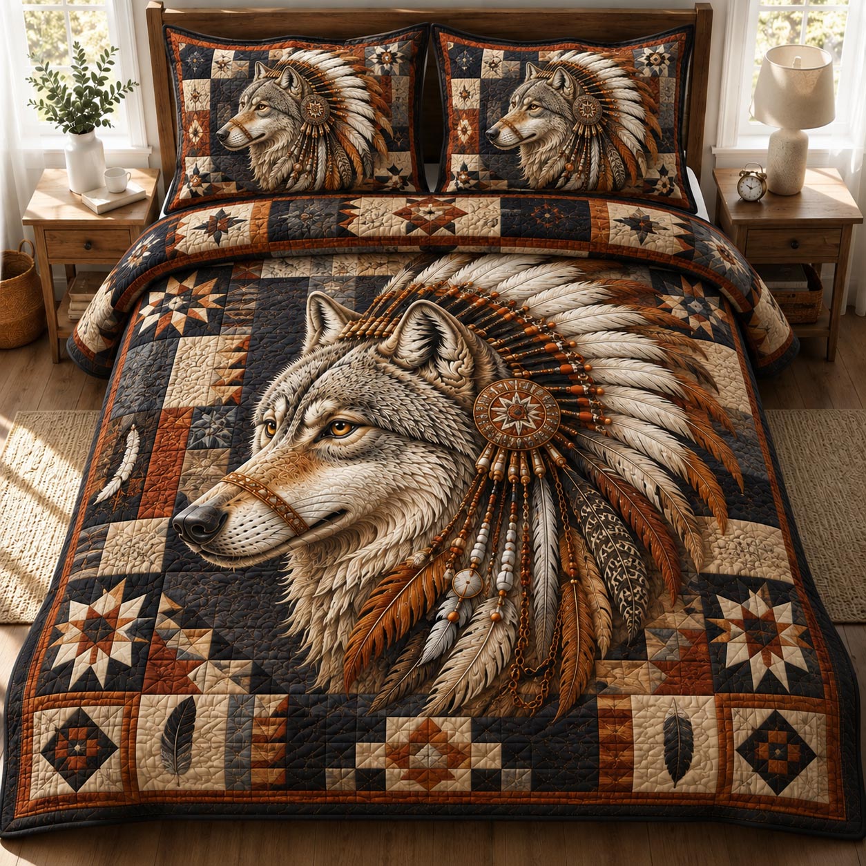 Feathered Wolf Spirit 3-Piece Quilted Bedding Set GFTONPT024