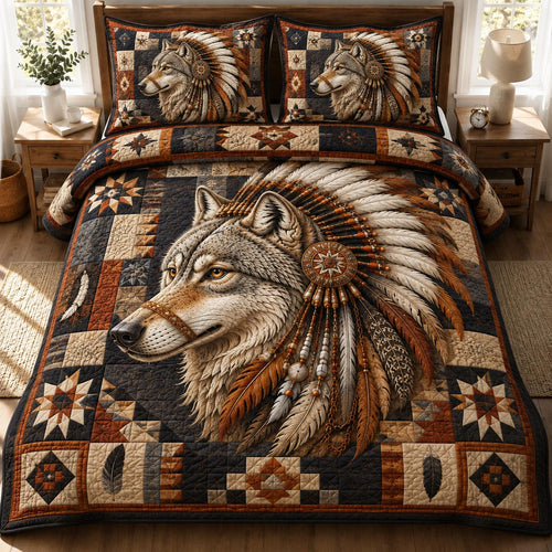 Feathered Wolf Spirit 3-Piece Quilted Bedding Set GFTONPT024