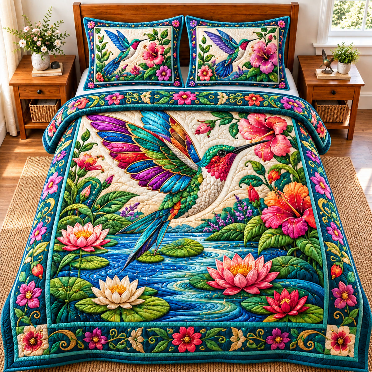 Jeweled Hummingbird Water Garden 3-Piece Quilted Bedding Set GFTONPT1001