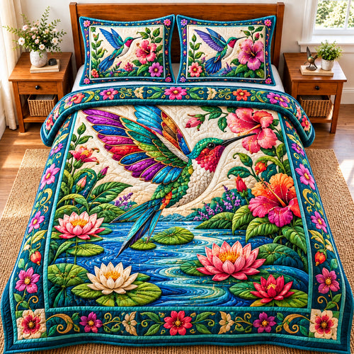 Jeweled Hummingbird Water Garden 3-Piece Quilted Bedding Set GFTONPT1001