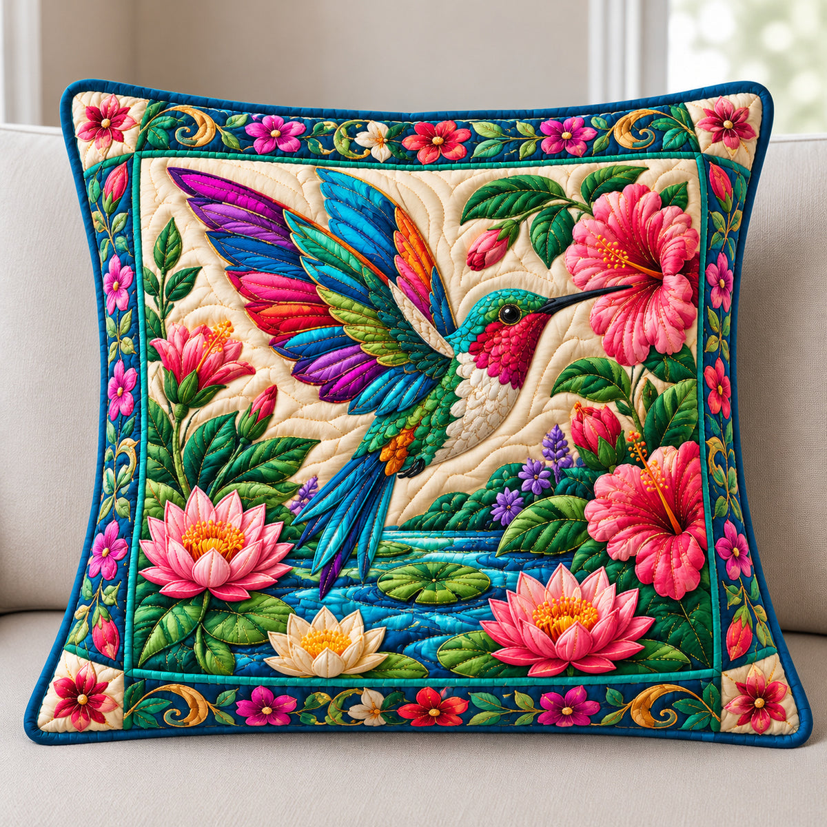 Jeweled Hummingbird Water Garden Quilted Pillow Case GFTONPT1001 C2