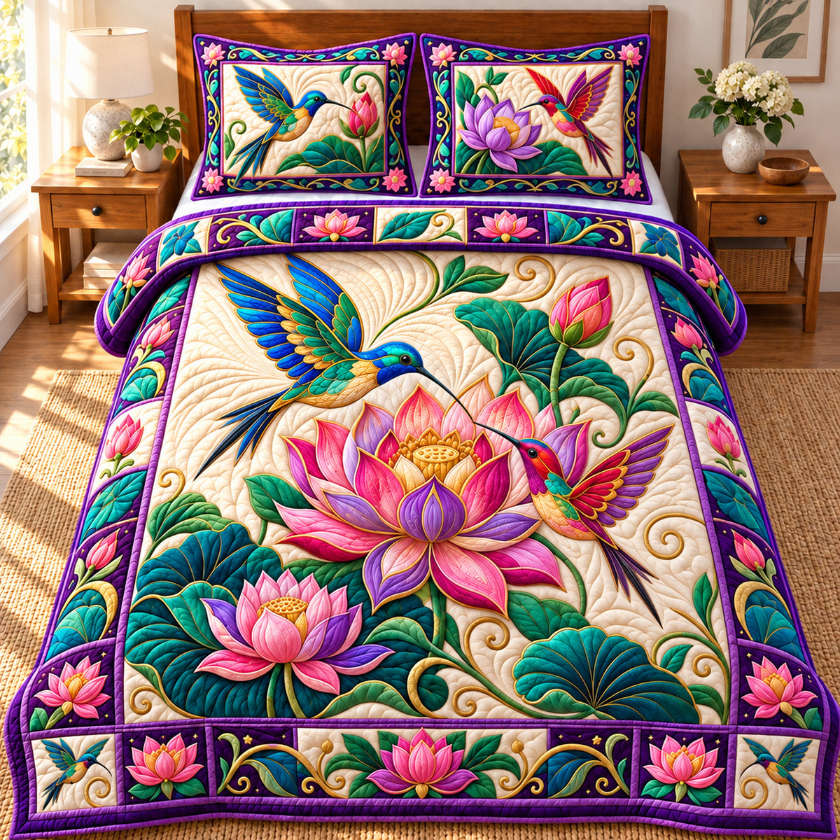 Twin Hummingbird Lotus Harmony 3-Piece Quilted Bedding Set GFTONPT1002