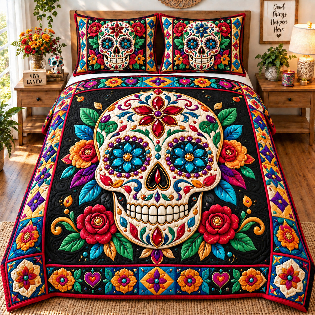 Sugar Skull Fiesta 3-Piece Quilted Bedding Set GFTONPT1089