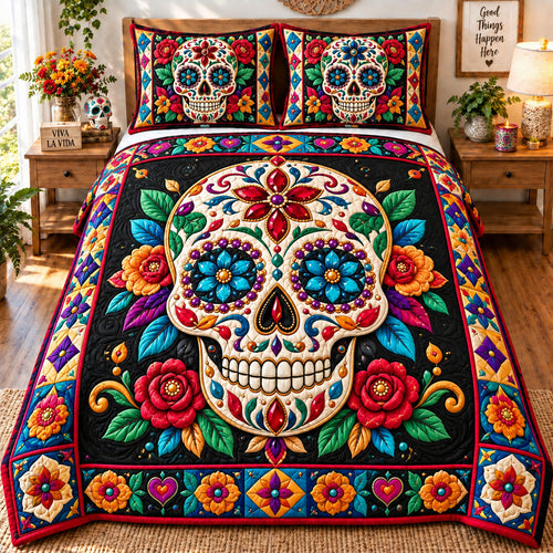Sugar Skull Fiesta 3-Piece Quilted Bedding Set GFTONPT1089