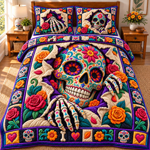 Sugar Skull Blossom 3-Piece Quilted Bedding Set GFTONPT1092