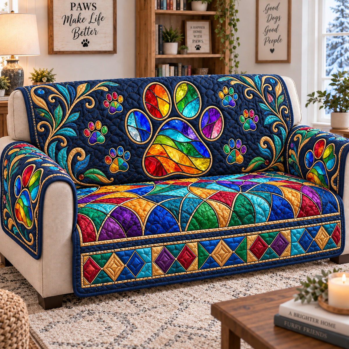 Paw Rainbow Quilted Sofa Cover GFTONPT1097