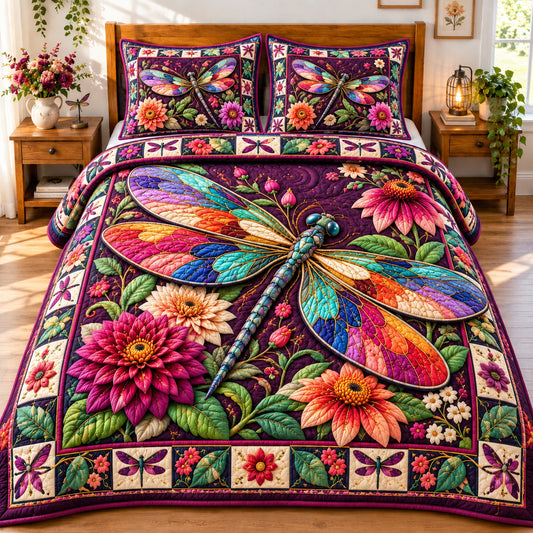 Dragonfly Floral Dreams 3-Piece Quilted Bedding Set GFTONPT1139