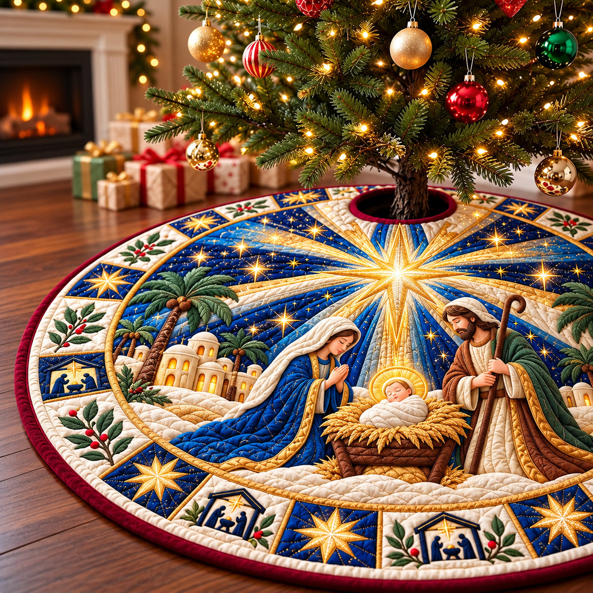 Nativity Bethlehem Blessing Quilted Tree Skirt GFTONPT1334