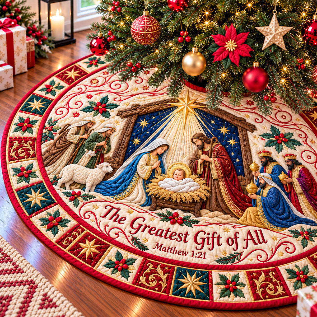 Nativity Manger Grace Quilted Tree Skirt GFTONPT1338